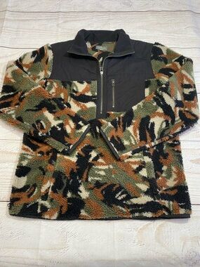 L.L. Bean Men's Camo High Pile Fleece 1/2 Zip Pullover Sweater Jacket Medium